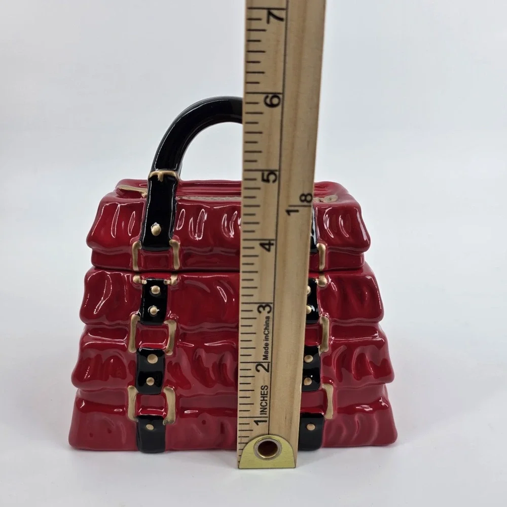 DAVID'S COOKIES JAR RED PLEATED HANDBAG BLACK HANDLE GOLD ACCENTS Ceramic New